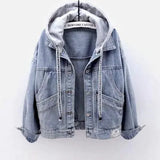 Women's Loose Fit Denim Jacket with Hood and Pockets