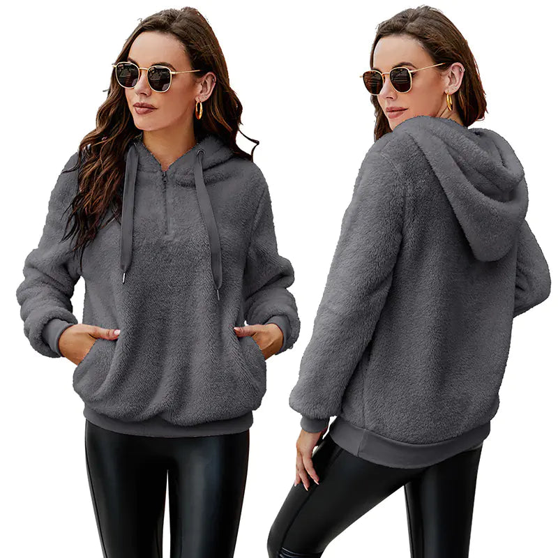 Women's Fleece Jacket with Zipper Hood and Collar